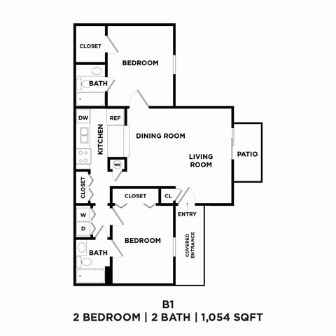 A floor plan of a 2 bedroom apartment with 2 bathrooms.
